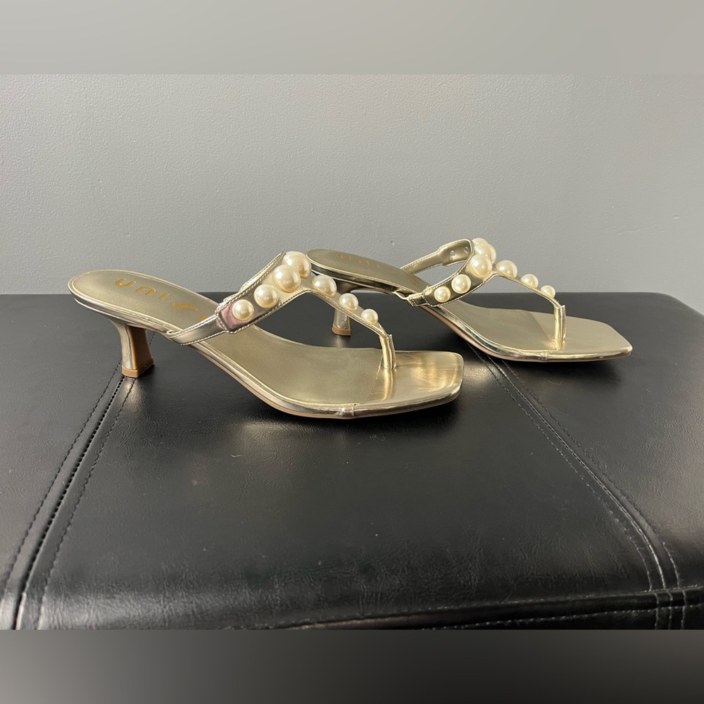 Unisa Gold and Pearl Kitten Heel Sandals (new in box)